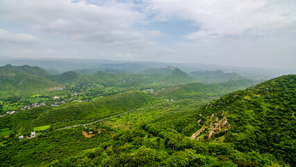 Fototapeta na wymiar View of monsoon from Sajjangarh Palace or Monsoon Palace is a hilltop palatial residence in the city of Udaipur, Rajasthan