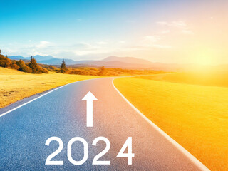 Empty road and New year 2024 concept. Driving on an empty road to Goals 2024 with sunrise.