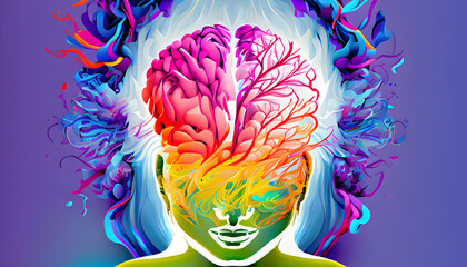 A striking visual representation of ADHD, where the intricate and colorful neural patterns of the brain are dynamically visible on the surface of a woman's head