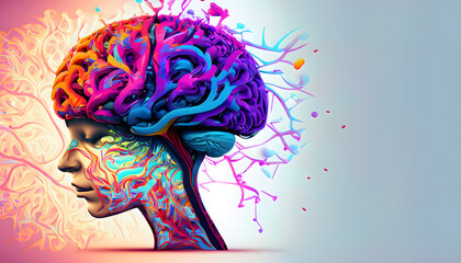 A striking visual representation of ADHD, where the intricate and colorful neural patterns of the brain are dynamically visible on the surface of a woman's head