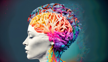 Obraz premium A striking visual representation of ADHD, where the intricate and colorful neural patterns of the brain are dynamically visible on the surface of a woman's head