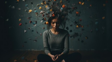 Mental illness, mental health disorders, depression, anxiety concept with woman and projection of thoughts and emotions sitting in the dark room.
