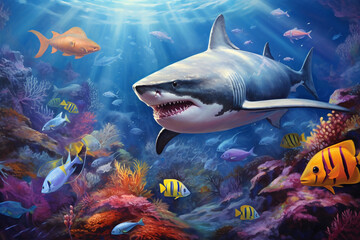 shark with group of colorful fish and sea animal with colorful coral under sea water