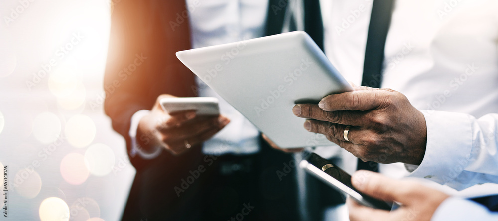 Poster hands, technology and double exposure with a business team together for communication or networking 
