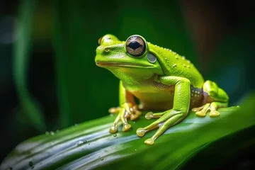 Fotobehang Close-up of a green tree frog in its natural environment. © idaline!