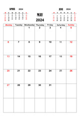 White calendar for May 2024 with previous and next months. New year 2024 concept