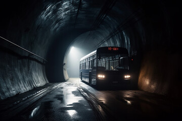 A long tunnel with a bus passing through it at night. Long exposure.
