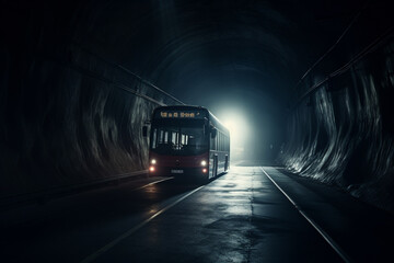 A long tunnel with a bus passing through it at night. Long exposure.
