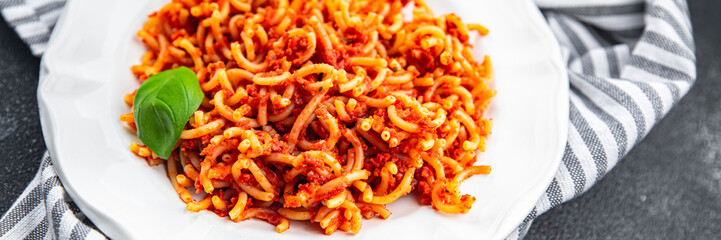 pasta bolognese tasty sedanini rigati tomato sauce eating cooking appetizer meal food snack on the table copy space food background rustic top view