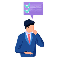 Think of solution, critical thinking to solve problem, focus on new idea, concentration or philosophy, skeptical or rational concept, thoughtful businessman and list with marks, done business concept