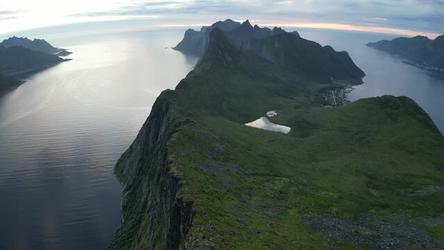 Drone video of Segla and Barden mountain on Senja island in Northern Norway