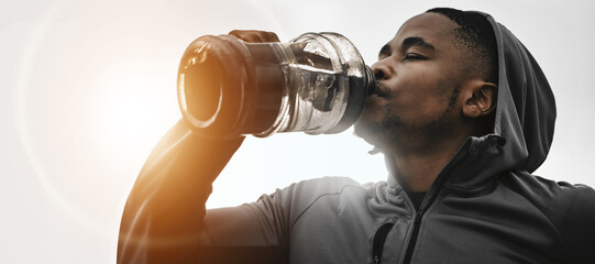Black man, fitness and drinking water on break for hydration, workout or exercise in motivation. Banner of African male person with sports or mineral drink for natural sustainability or recovery