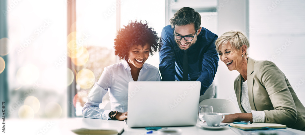 Aufkleber business people, laptop and meeting in planning, teamwork or coaching for project on bokeh backgroun