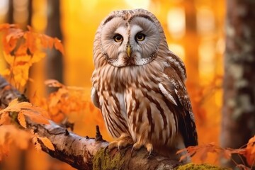 Autumn Owl in Forest: Majestic Bird of Prey Amidst Foliage and Wildlife