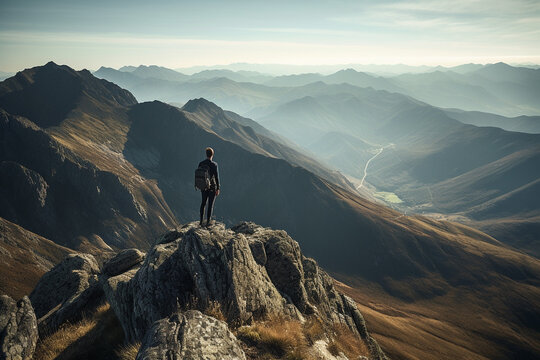 Man standing on top of a mountain and looking into the distance.