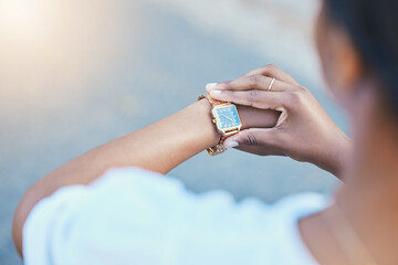 Closeup, woman and arm with watch for time management with elegance for business meeting in city. African person, entrepreneur and waiting by delay, check or late for transport to commute to client - obrazy, fototapety, plakaty