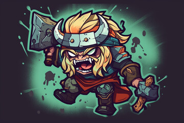 Vector illustration of a cartoon viking warrior on a dark background.