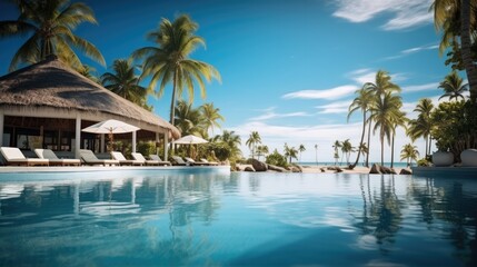 Naklejka premium Beautiful resort with beachfront pool sun loungers and palm trees, Travel vacations concept.
