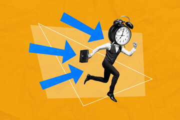 Creative composite photo collage of headless man alarm instead of head running at business meeting...