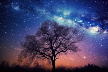 Fototapeta na wymiar Silhouetted Tree Under Starry Sky: Tranquil Scene in Nature's Celestial Beauty