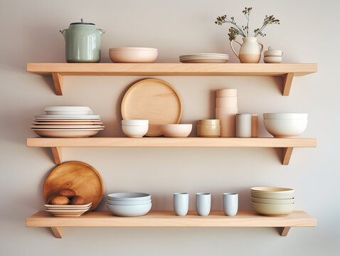Ceramic plates, bowls, cutlery and other tableware are placed in order on wooden shelves. Interior design based on Scandanavian style.