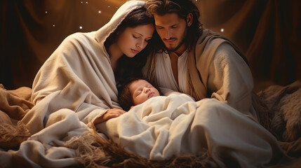 Krippen-Szene mit Maria, Josef und dem Jesuskind im Stall am Heiligabend, Weihnachten - obrazy, fototapety, plakaty
