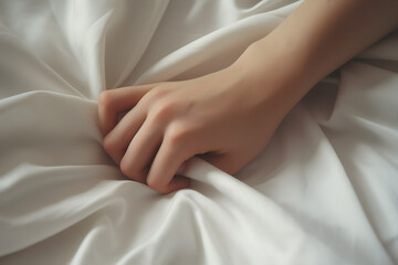 Close-Up einer weiblichen Hand, die sich sinnlich in ein Bettlaken krallt, erstellt mit generativer KI - obrazy, fototapety, plakaty