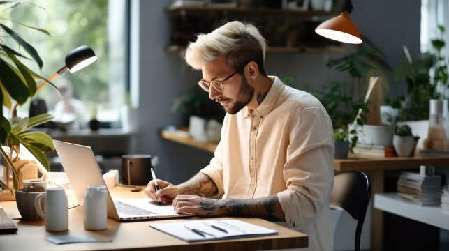 Smiling Graphic Designer Working On Computer At Desk In Office.