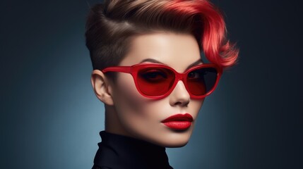 photo of a beautiful woman with a stylish hairstyle, wearing stylish glasses, close-up