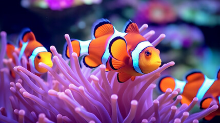 Fototapeta na wymiar The fish swims in an ocean aquarium surrounded by colorful corals. Generative AI