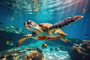 Marine Life in Underwater Aquarium with Loggerhead Sea Turtle and Coral