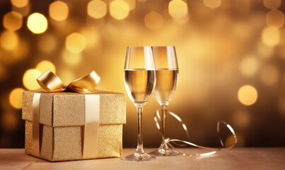 A two champagne glass and a golden gift box set.