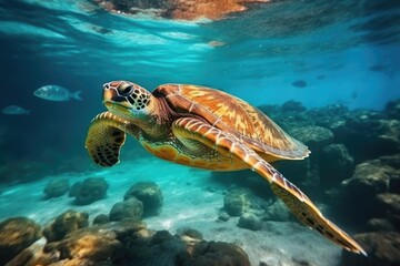 Marine Life in Underwater Aquarium with Loggerhead Sea Turtle and Coral - obrazy, fototapety, plakaty