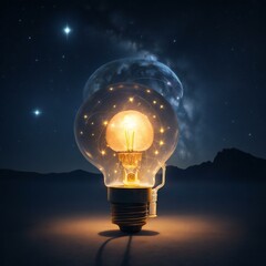 a light bulb glowing in the dark with stars in the background