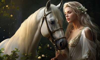 Graceful woman and white horse share a tranquil moment. - obrazy, fototapety, plakaty