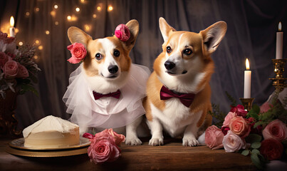 Adorable corgis in bow ties enjoy a Valentine's date.