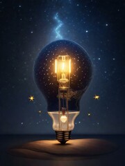 a light bulb glowing in the dark with stars in the background
