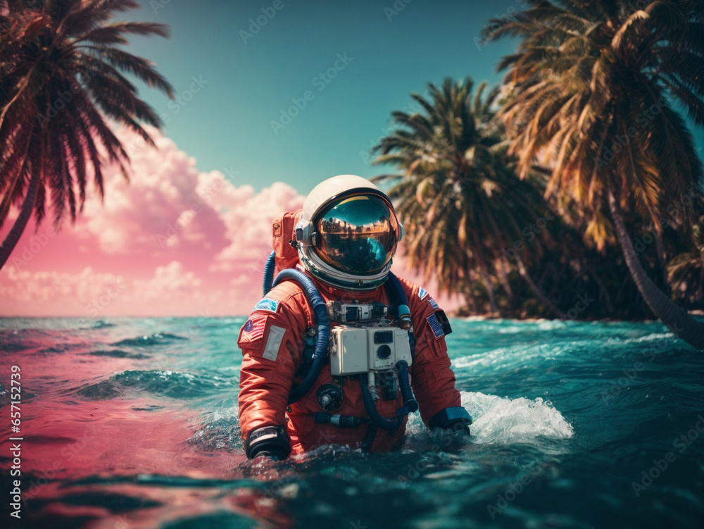 Wall mural astronaut on a float in the middle of the pool party