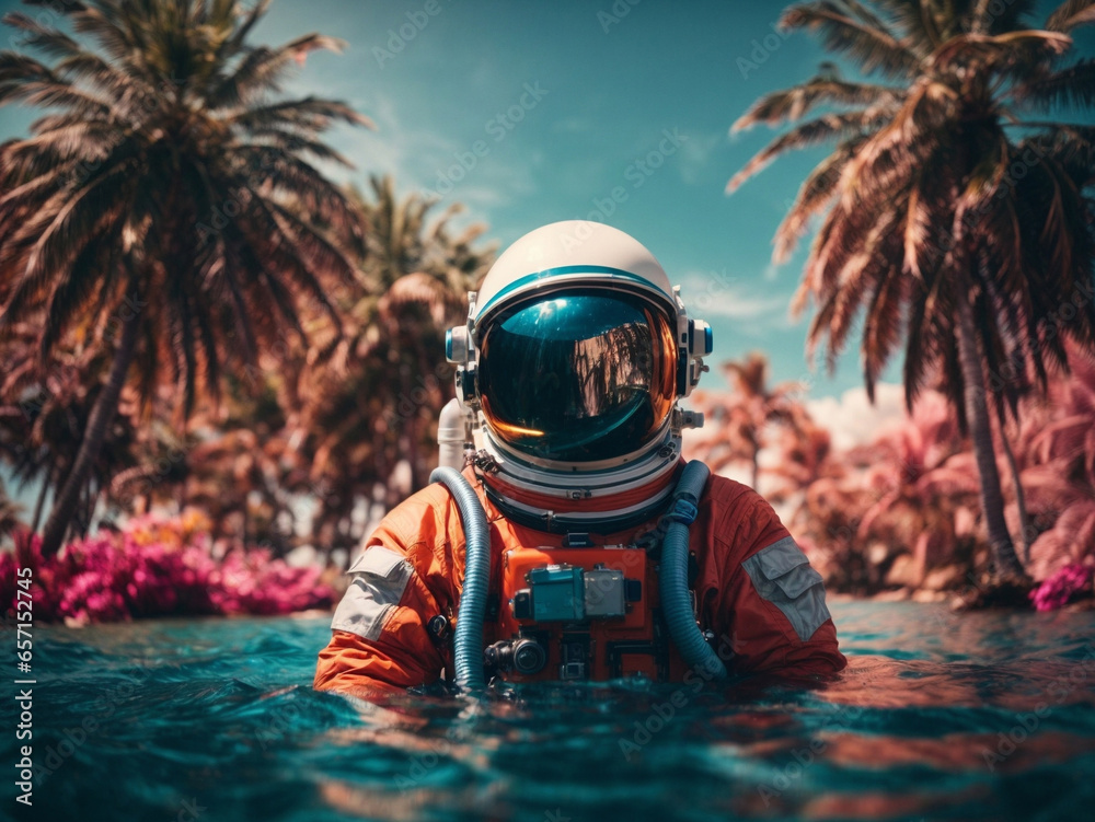 Wall mural astronaut on a float in the middle of the pool party
