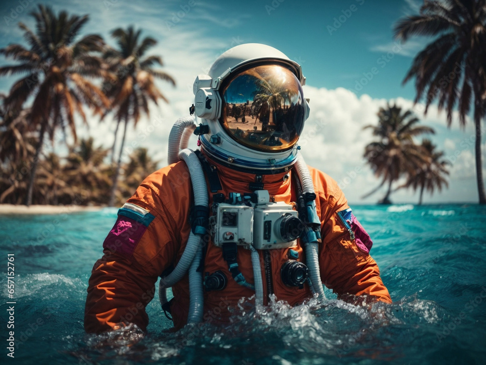 Wall mural astronaut on a float in the middle of the pool party
