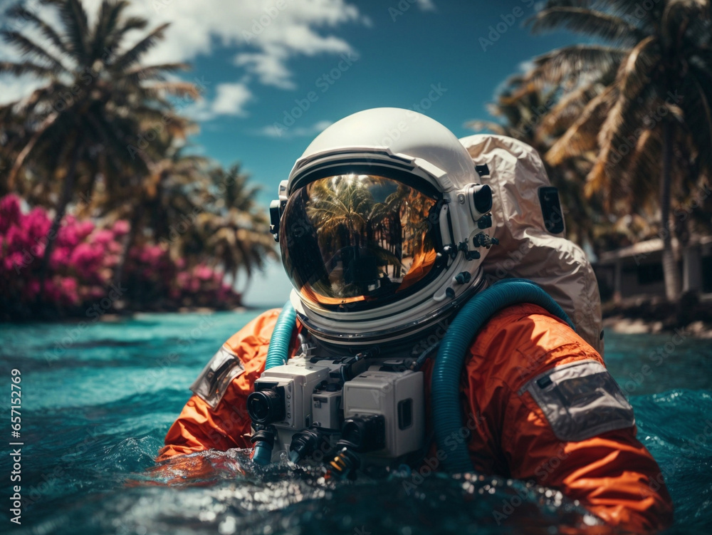 Wall mural astronaut on a float in the middle of the pool party