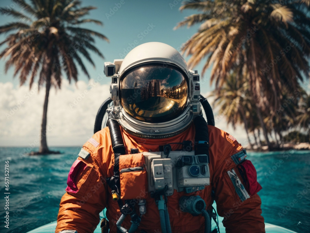 Wall mural astronaut on a float in the middle of the pool party