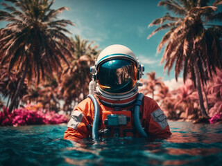 astronaut on a float in the middle of the pool party 