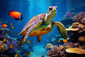 Fototapeta premium turtle with group of colorful fish and sea animal with colorful coral under sea water