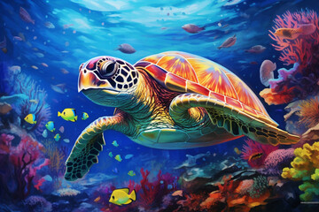 turtle with group of colorful fish and sea animal with colorful coral under sea water - obrazy, fototapety, plakaty