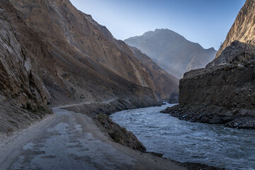 The scenic mountainous road going through the canyon close to Panj river on the border of Afghanistan and Tajikistan.
