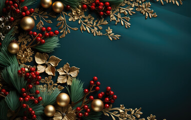 Christmas background with golden decorations and holly berries. Blank xmas frame for greetings card. Top view.