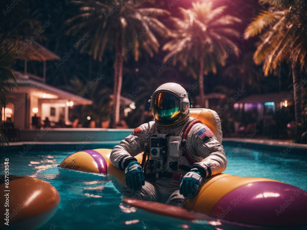 Wall mural astronaut on a float in the middle of the pool party