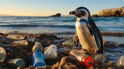 Penguin on the beach with garbage, Plastic waste, Environmental pollution. Pollution of the ocean and coast. - obrazy, fototapety, plakaty