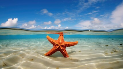 Fototapeta na wymiar Starfish on the sand beach in clear sea water. Summer time